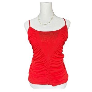 Red Y2K Rhinestone Ruched Women’s Medium 2000s Stretchy Bedazzled Cotton Cami